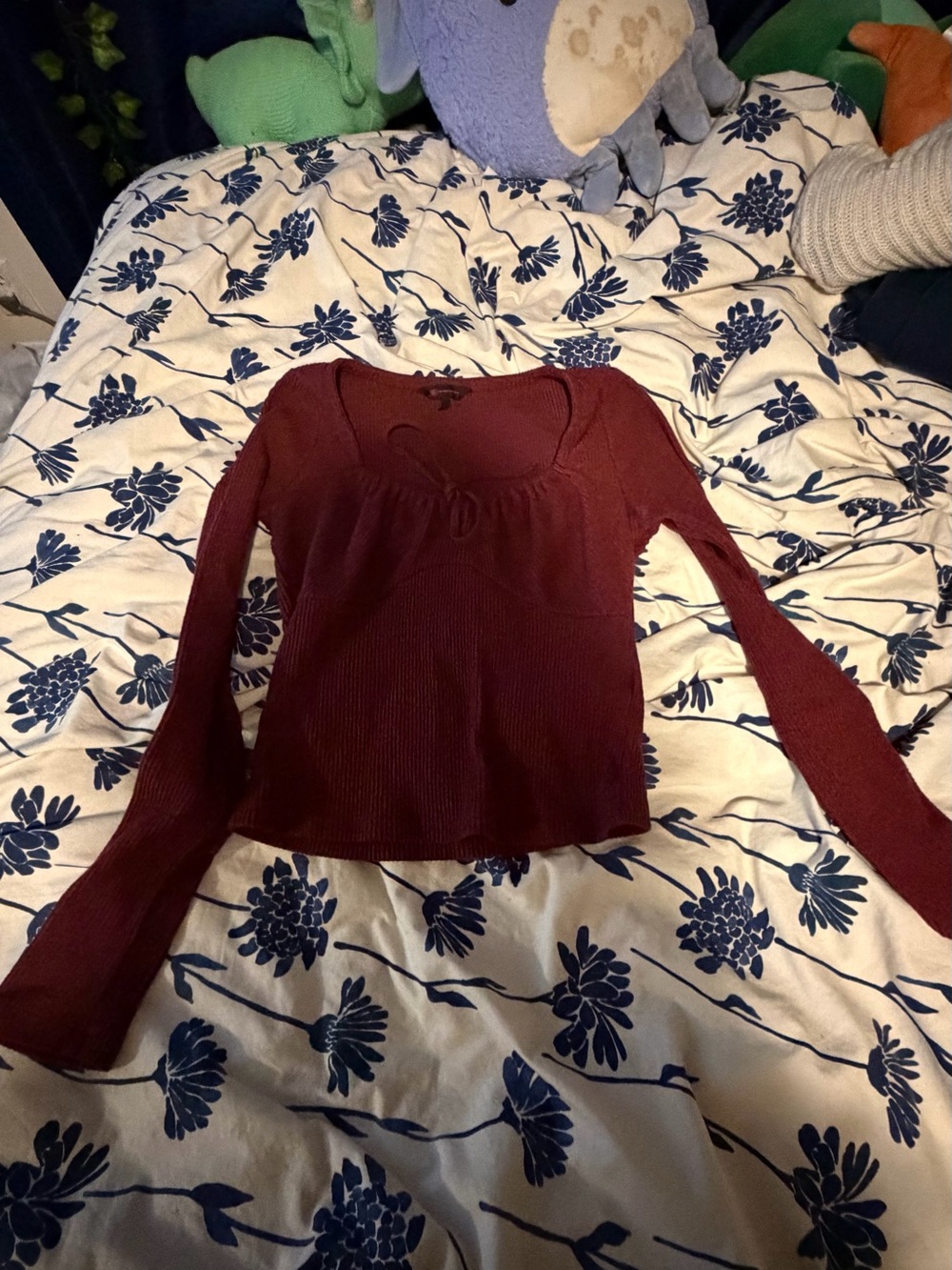 No Boundaries Burgundy Ribbed Long-Sleeve Top with Tie Front
